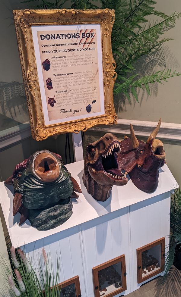 Set of donation boxes in the form of different dinosaur heads with coin slots inside their mouths.
